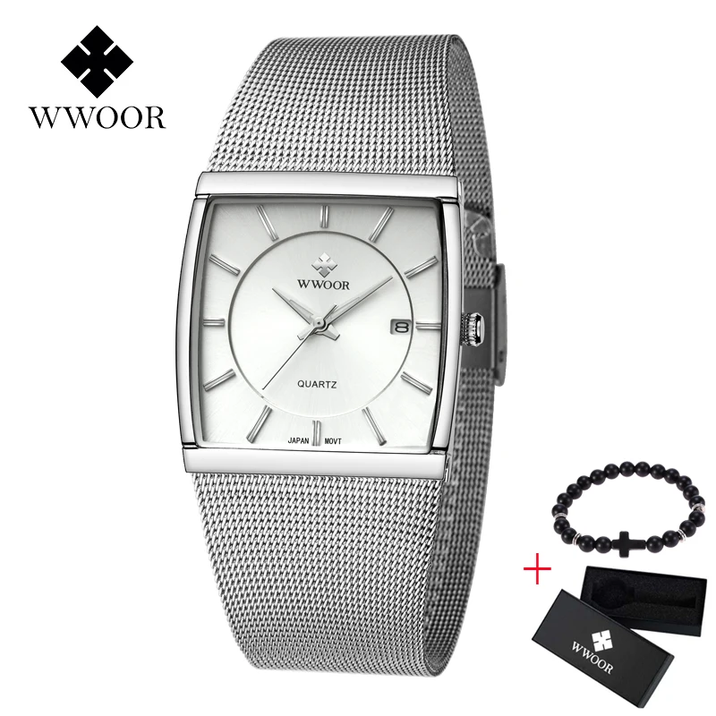 

WWOOR Brand Men Stainless Steel Watches Men Classic Quartz Luxury Date Men's Wrist Watch Relogio Masculino Free gift bracelet