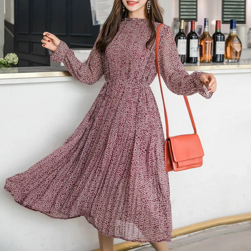 

NORMOV 2019 Women Spring Chiffon Printing Dress Elegant Stand Collar Floral Full Sleeve Elastic Slim Waist A-Line Long Dress
