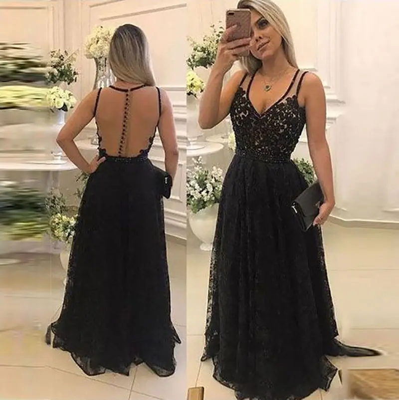 Новое Элегантное Черное Кружевное длинное платье Вечерние открытой спиной