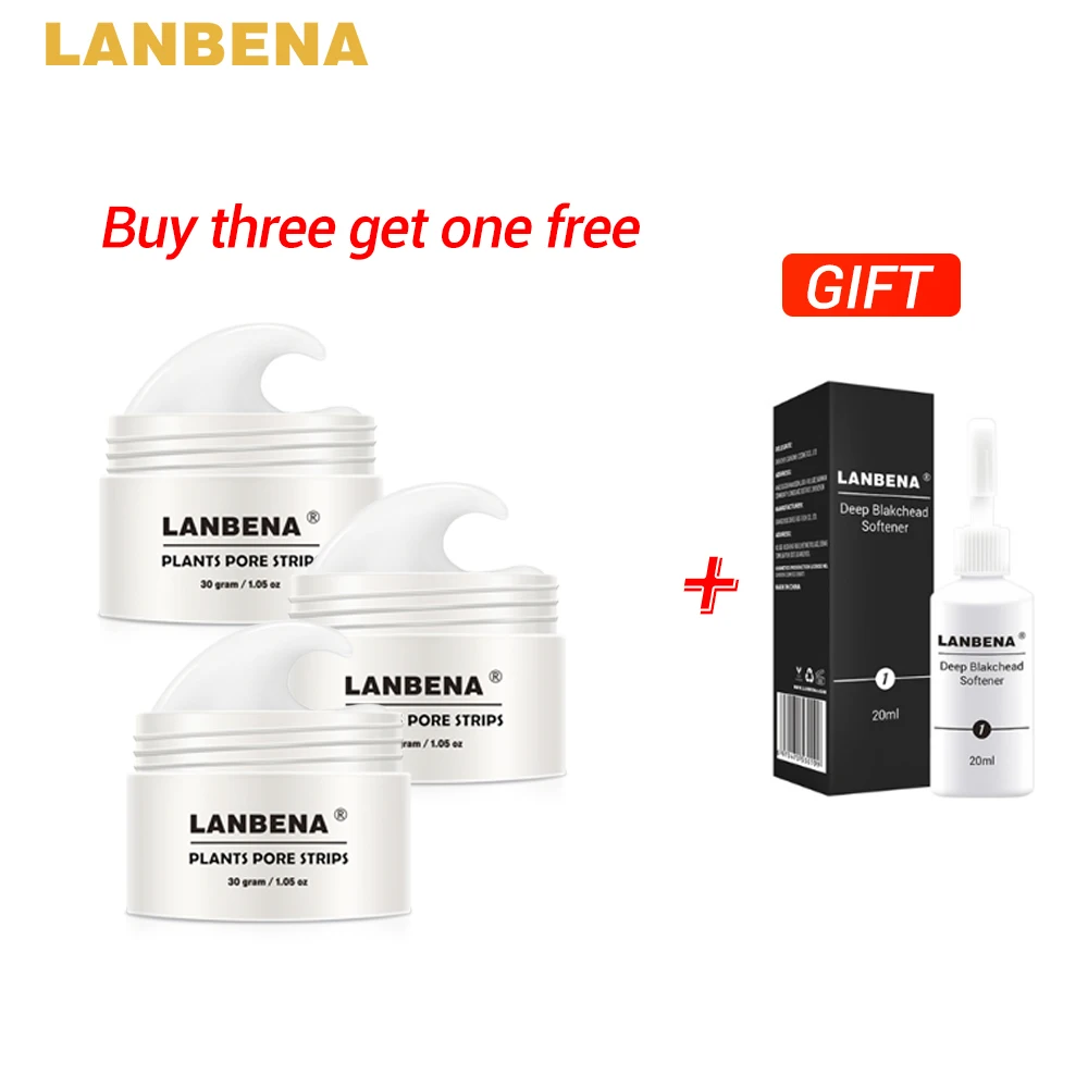 Buy 3 Get 1 Gift LANBENA Blackhead Remover Nose Mask Pore Strip Black Mask 3pcs+ Deep Blackhead Softener Derived Liquid Peeling