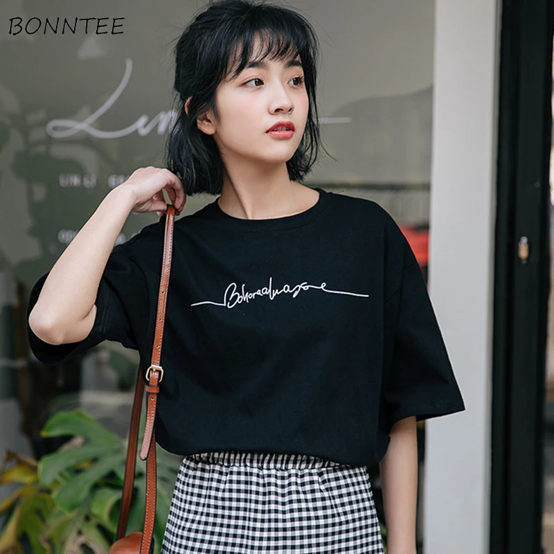 

T-shirts Women 2020 All-match Simple Korean Style Solid Summer Womens Loose O-Neck Leisure Student T-shirt Tee Chic Short Sleeve