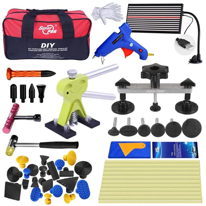 GLCC Auto Dent Puller Suction Cup Glue Tabs Rubber Hammer Paintless Repair Tools LED Line Board Hand Tool Set with Bag |