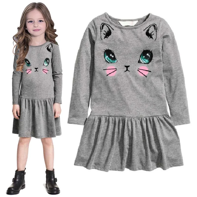 2 3 4 5 6 7 8 Years Girls Dresses Full Sleeved Children Dress Grey Cat Baby Clothes Outerwear Girl Blouses Sweatshirts Top | Детская