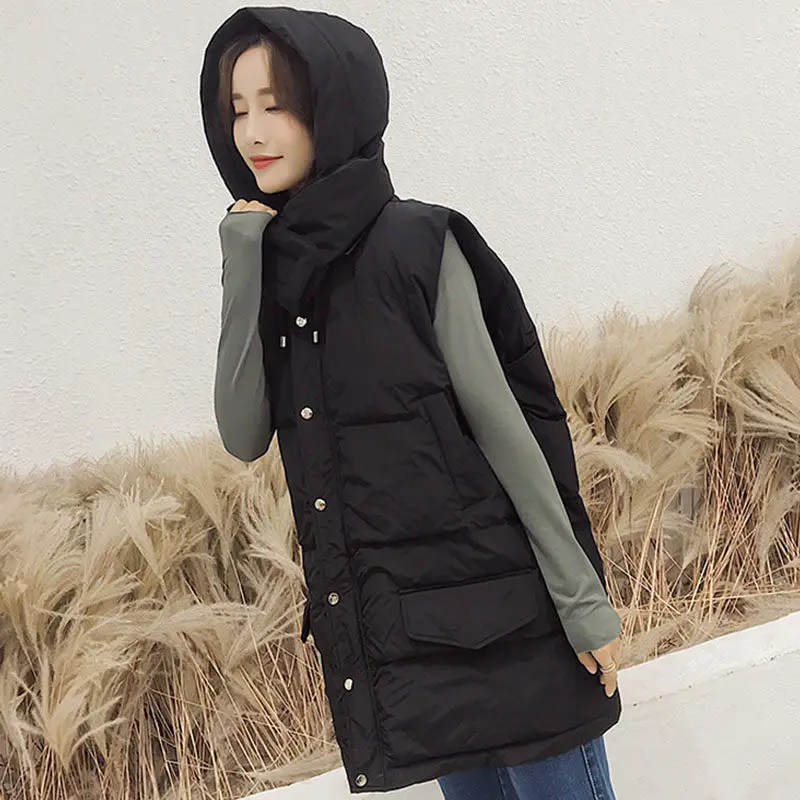 

Hooded Down Cotton Vest Coat Female Medium Long Loose Large Size 2018 Autumn Winter New Women Thick Sleeveless Parkas LQ547