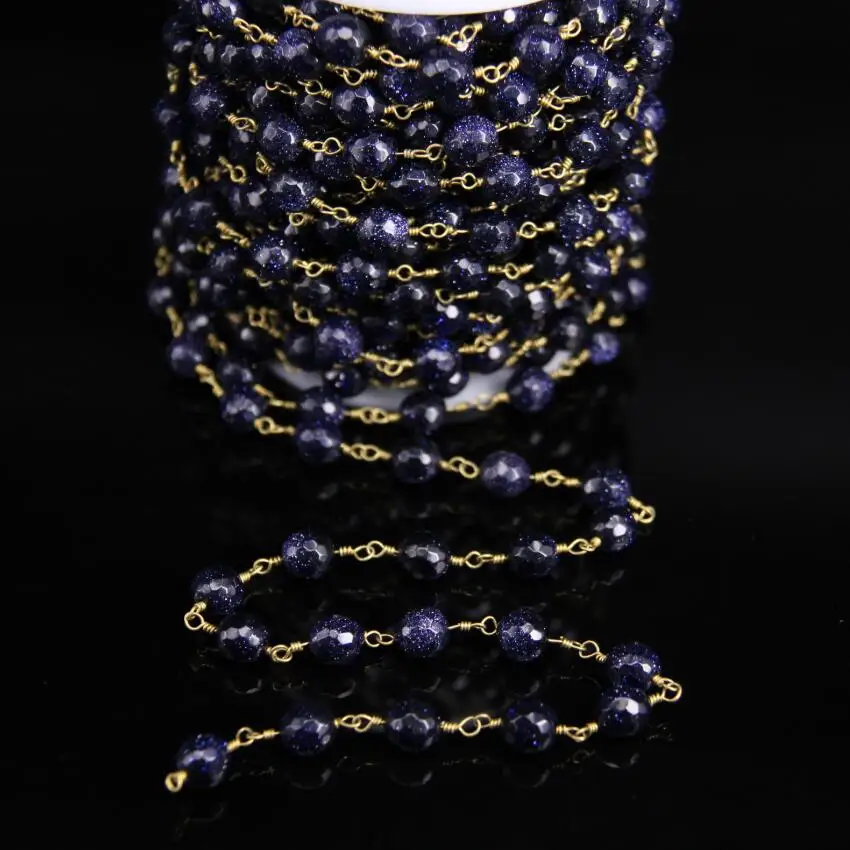 

8mm Faceted Blue Goldstone Round beads Rosary Chain,Gems Stone beads Link Brass Wire Wrapped Chain Bracelet Necklace Making