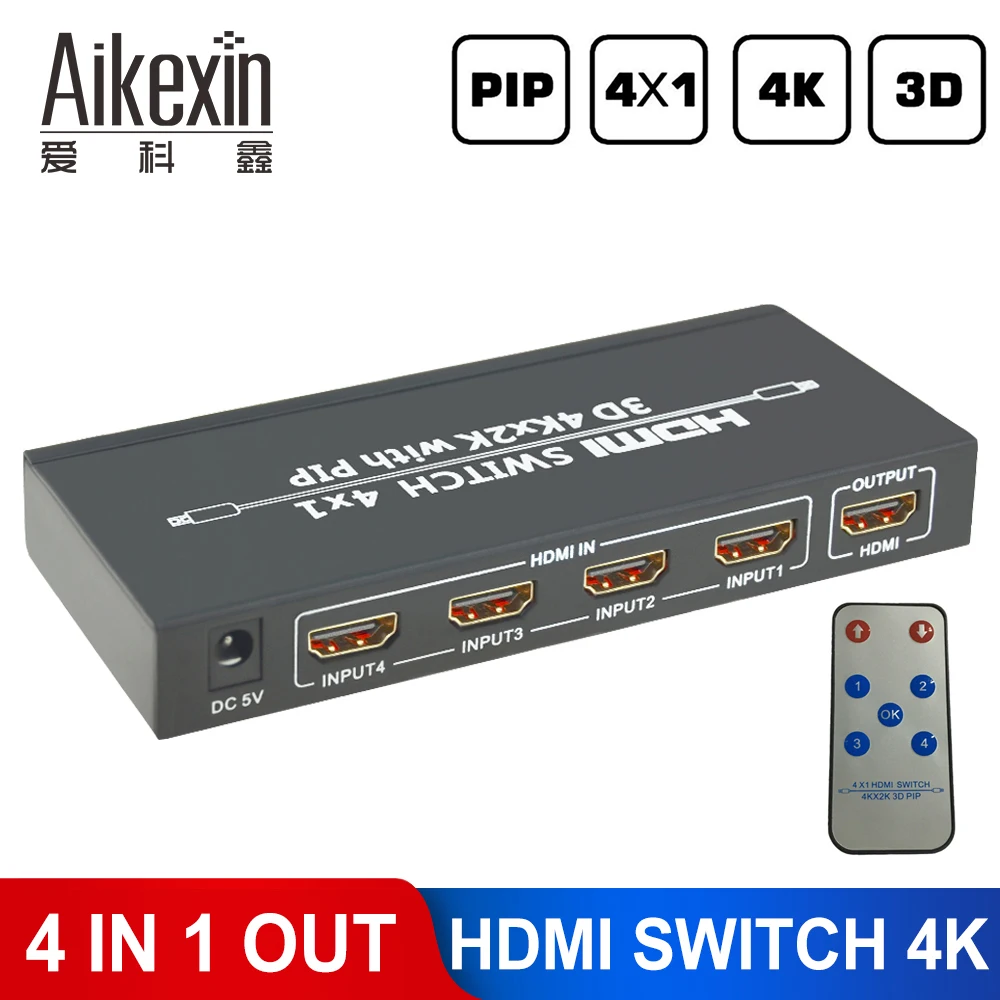 Выключатель Aikexin 4K x 2K 4 порта 4x1 HDMI с функцией изображения в картинке (PiP) и ИК