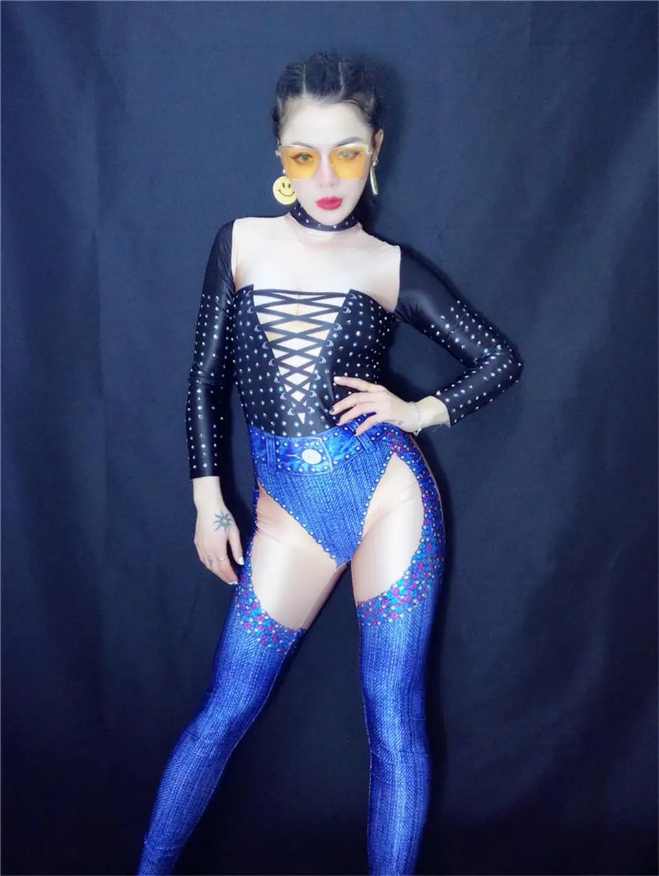 Black Bandage Pattern Jeans Jumpsuit Long Sleeve Stones Sexy Wear Female Singer Costume Birthday Prom Party Women Dance Clothing |