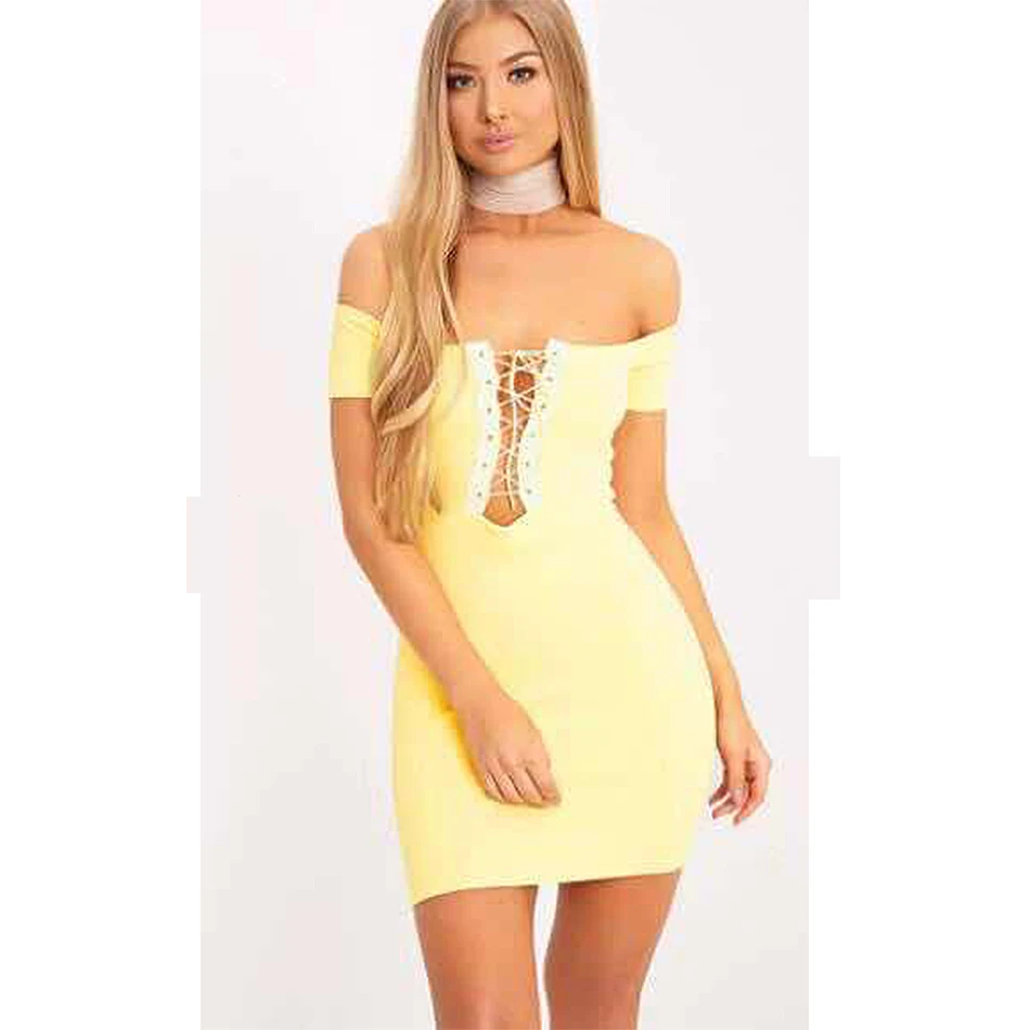 2017 Newest Summer Bandage Dress Women Celebrity Party Short Sleeve Off Shoulder Slash Neck Lace-up Sexy Vestidos | Женская одежда
