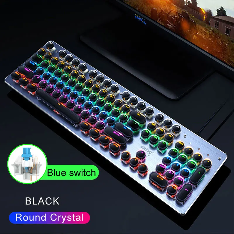 Round crystal black Игровая механическая клавиатура USB Проводная анти-ореолы металлическая панель красочная подсветка клавиатура Кристальное покрытие клавиши русская наклейка - Цвет: Round crystal black