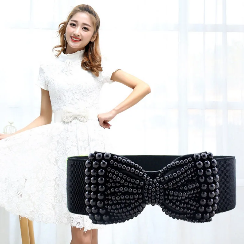 Инадис Ледис Саммер Корсет Белт Хай Кволити Элегант Перл Боу Фимейл Вайд Дресс он.