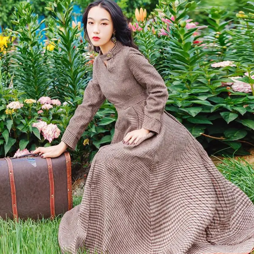 Модное Брендовое ретро платье из шерстяной ткани с вырезами женское в