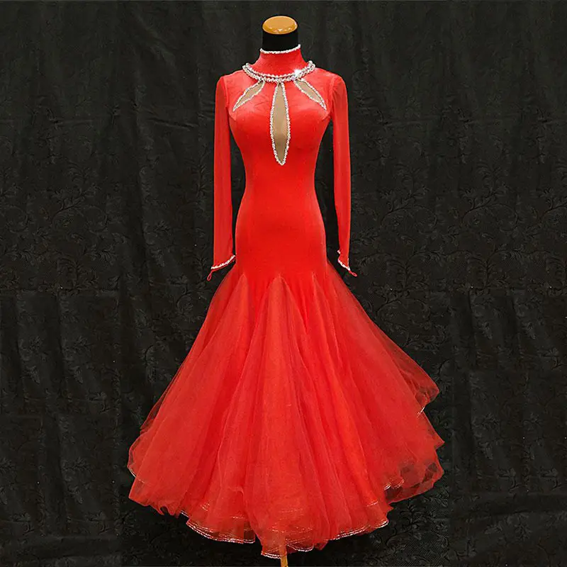 

Женское платье для бальных танцев, красное платье для соревнований с высоким воротом и длинным рукавом, для вальса, танго, фокстрота, для бал...