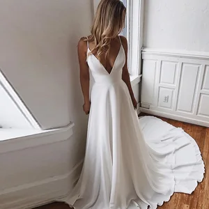 Simple Spaghetti Straps Wedding Dresses Sexy V-neck Appliques Plus Size Backless Bridal Gowns wedding gowns Vestidos De Noiva