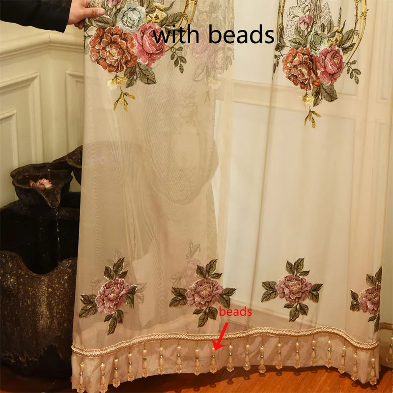 tulle with beads Европейский Топ бежевый 4D рельефный большой цветок плотные затемненные оконные шторы для гостиной высокое качество вилла спальня занавеска - Цвет: tulle with beads