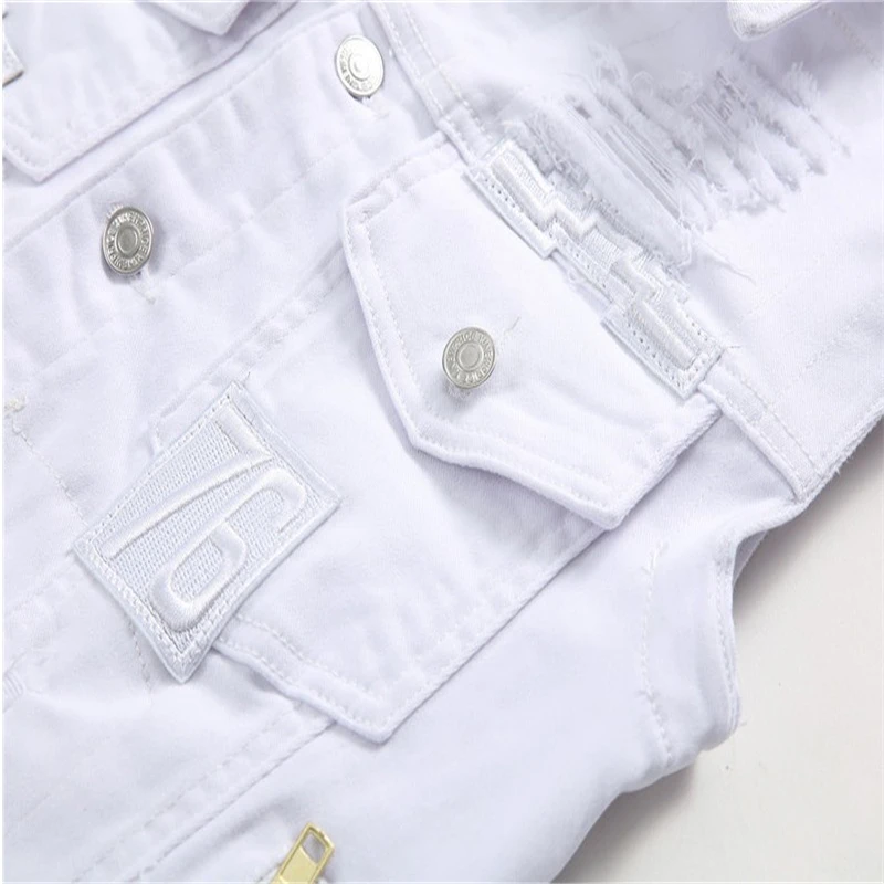 Рваные джинсы куртка Для мужчин хлопок белый рукавов хип-хоп карман на молнии