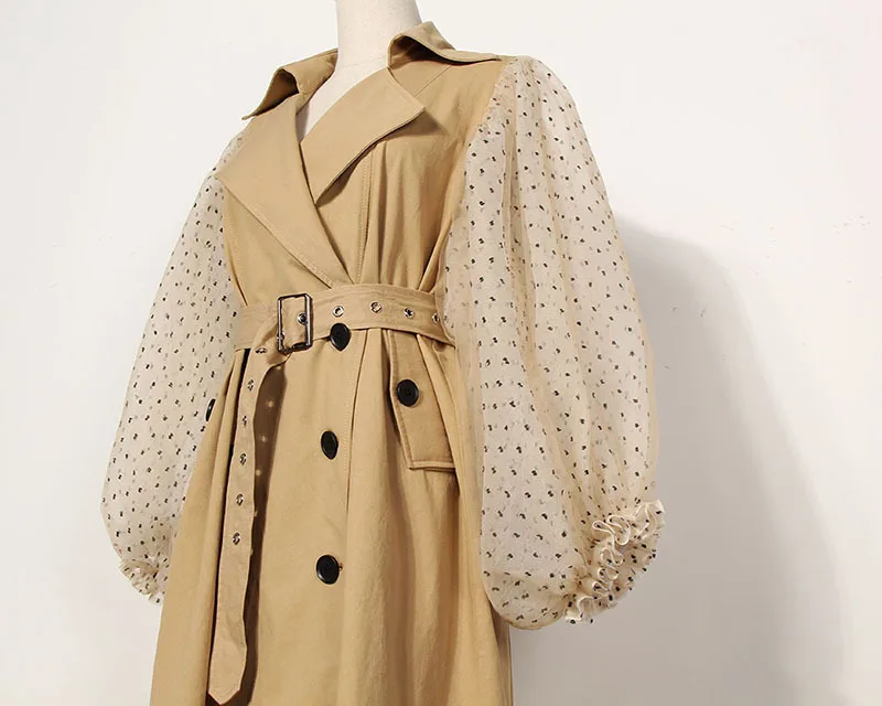 2019 Autumn Winter High Quality Polka Dot Mesh Lantern Sleeves Double breasted Khaki Fashion Long Trench Coat for Women Belted | Женская