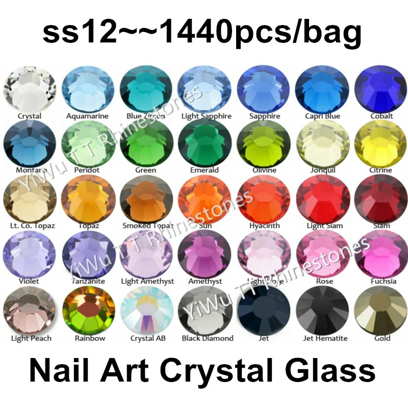 

1440PCS SS12 (3.0-3.2mm) Multi Colors Flat Back Glue On Crystal Non Hotfix Rhinestones 3D nail art decoration glitter strass