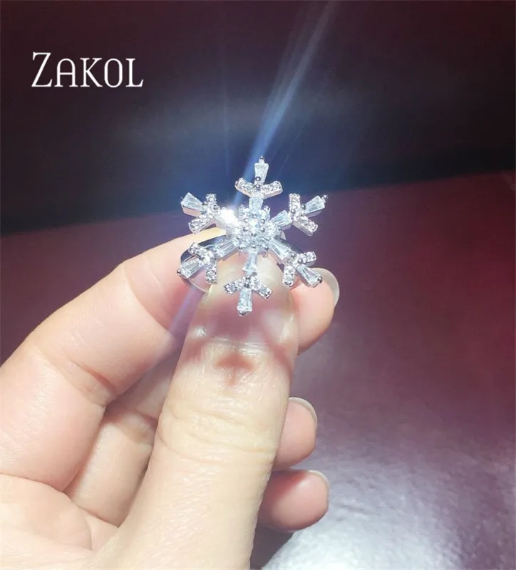 ZAKOL Роскошные AAA кубического циркония Открытые Кольца модные большие Cz снежинка в
