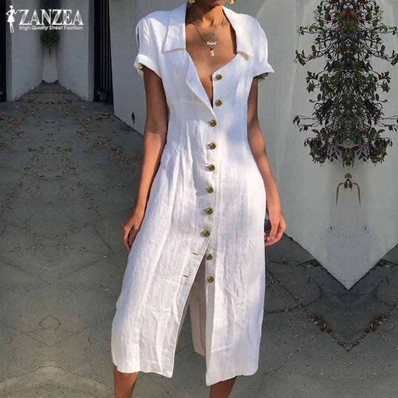 Плюс размеры ZANZEA летнее платье для женщин Твердые нагрудные короткий рукав хлопок белье вечерние разделение Длинный Сарафан Vestido женс