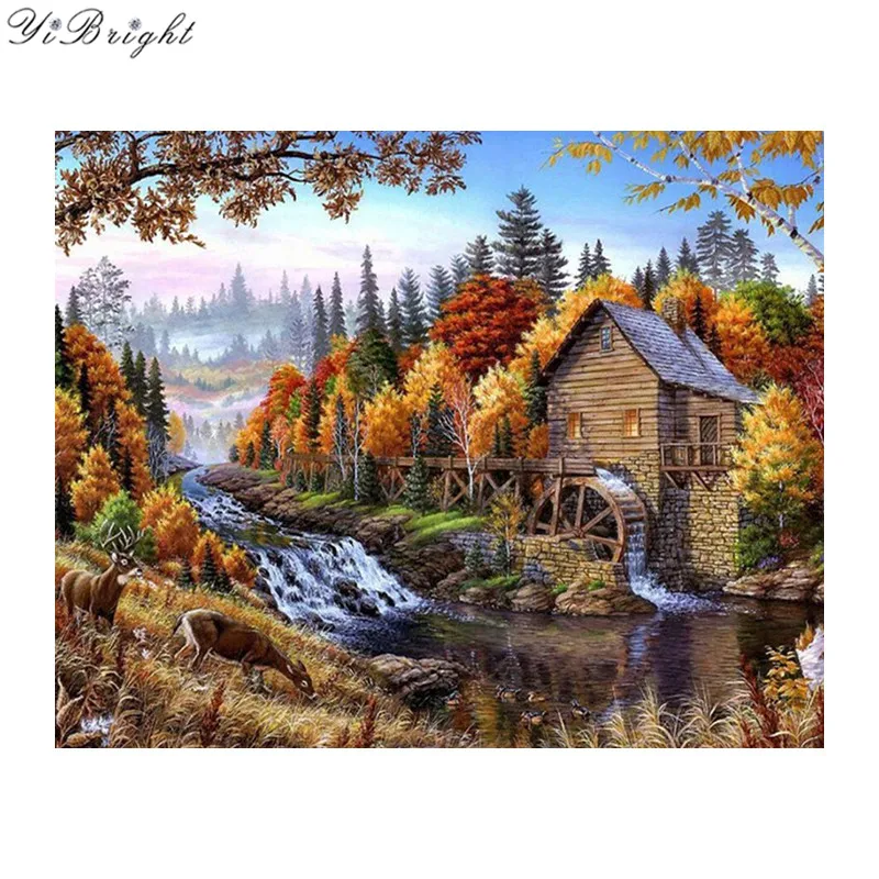 Картина из страз «сделай сам», полноразмерная мозаика с изображением водного грузовика, деревни, реки, пейзажа, для домашнего декора, YQ