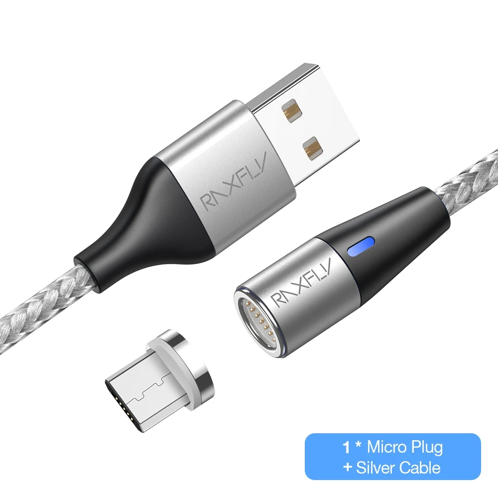 Silver Micro Cable RAXFLY Магнитный зарядный кабель светодиодный 1 м Магнитный зарядный провод для телефона Micro usb type C для iPhone 6 7 X Магнитный зарядный кабель - Цвет: Silver Micro Cable