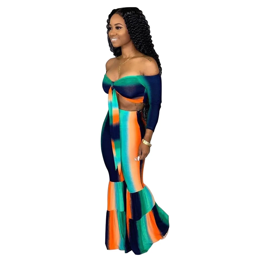 2019 women summer tie dye black hole galaxy up off the shoulder crop top flare long pants suit two piece set tracksuit K8803 | Женская