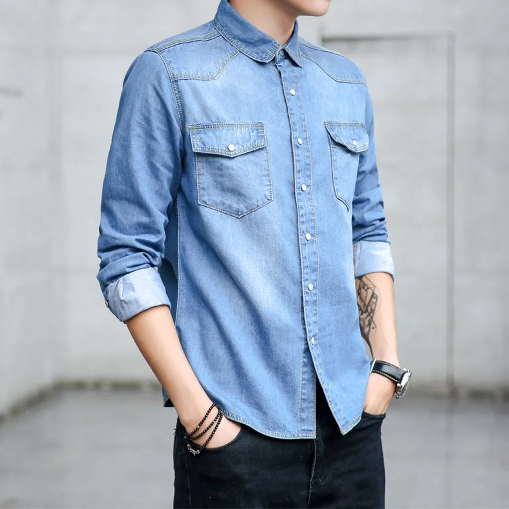 Новое поступление джинсовая рубашка Хлопковая мужская Повседневная с длинным
