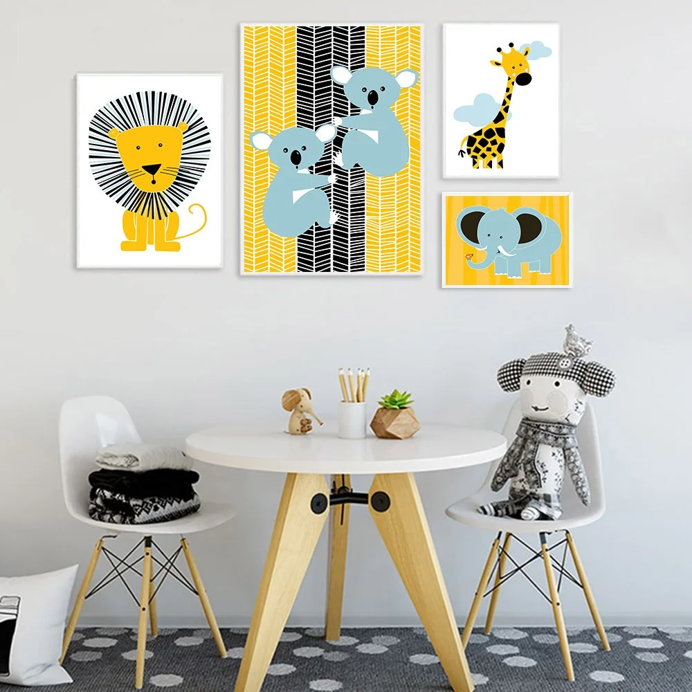 Cartoon Giraffe Lion Elephant Animal Posters and Prints Minimalist Wall Art Canvas Painting Nursery Picture Deacor | Дом и сад