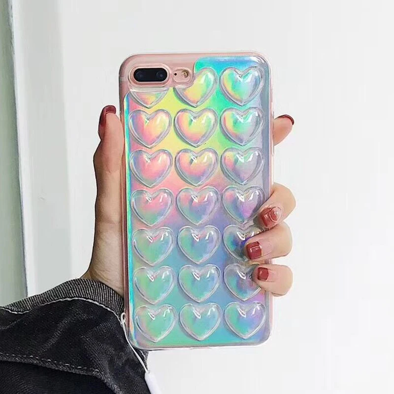 SUYACS Радужный Голографический лазерный чехол для телефона для iPhone 7, 8 Plus, X, XS, MAX, XR, 5S, 6, 6 S, мягкий термополиуретановый глянцевый чехол с объемными сердечками