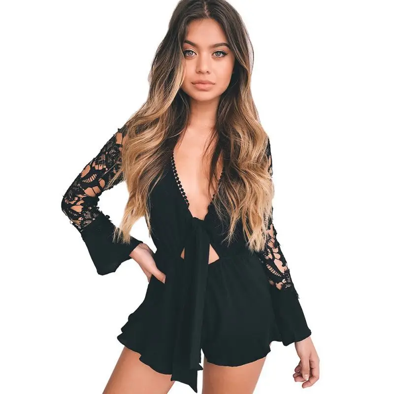 

Women Deep V Lace Up Bodysuits Short Jumpsuits Sexy Lace Patchwork Jumpsuits Hollow Out Long Sleeve Playsuits