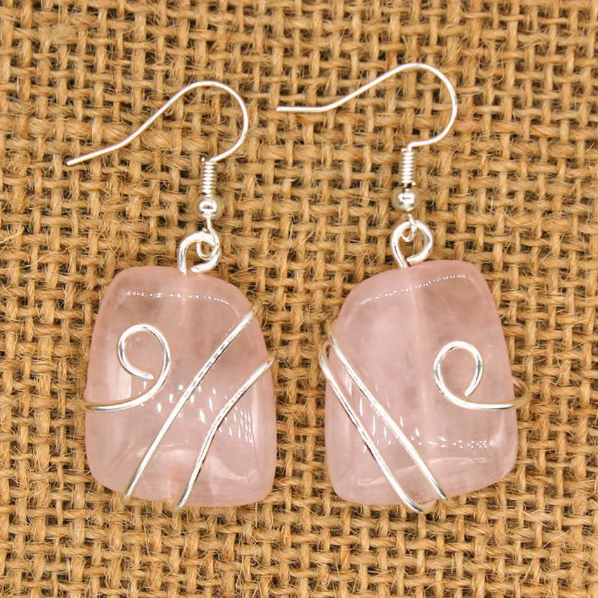 

Trendy-beads Popular Silver Plated Wire Wrap Irregular Shape Natural Rose Pink Quartz Earrings For Women Jewelry