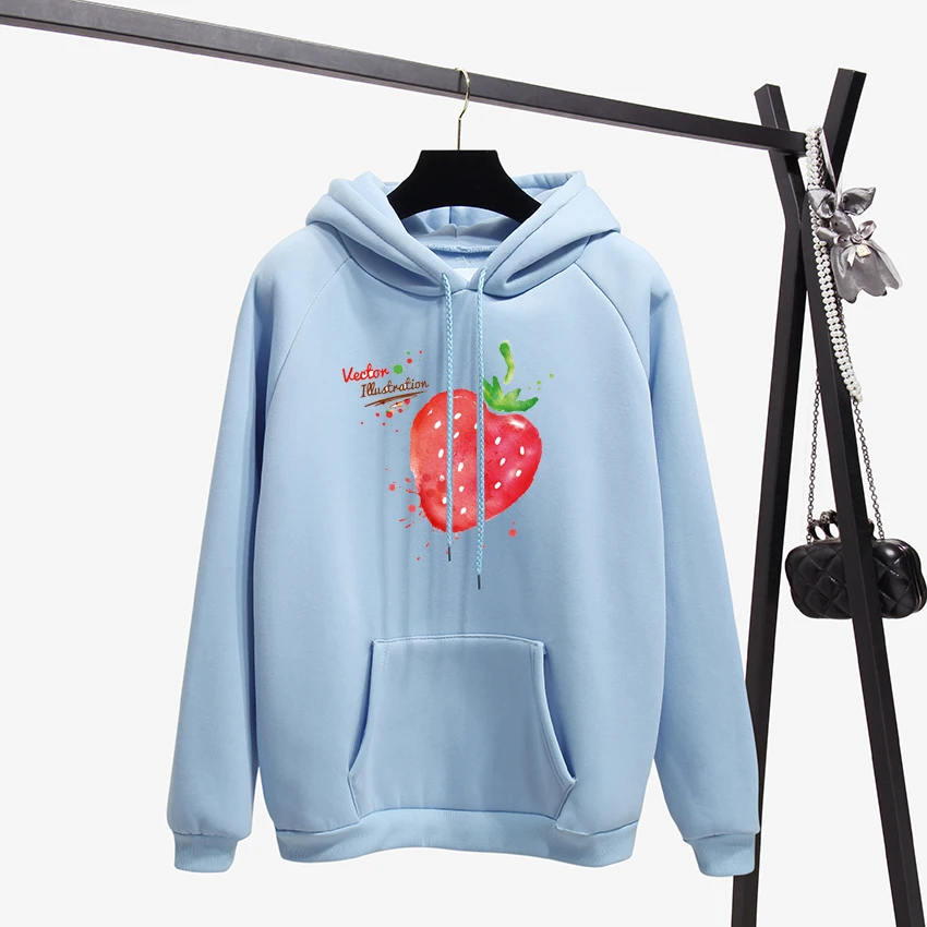 

Fashion Strawberry And Cactus Harajuku Hooides Women Blue Pullover Thick Winter Clothes Sweatshirts Fleece Casual Loose Bf Style