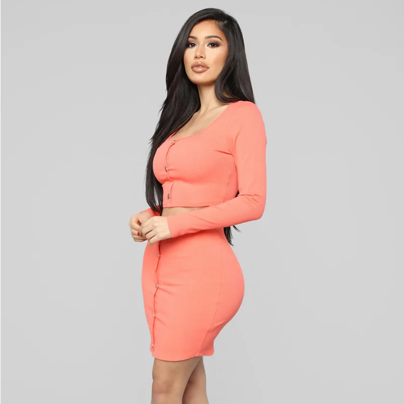 

2020 Summer Sexy Two Piece Set Women Slash Neck Button Crop Top And Mini Skirt Casual Suits Long Sleeve Solid Outfits