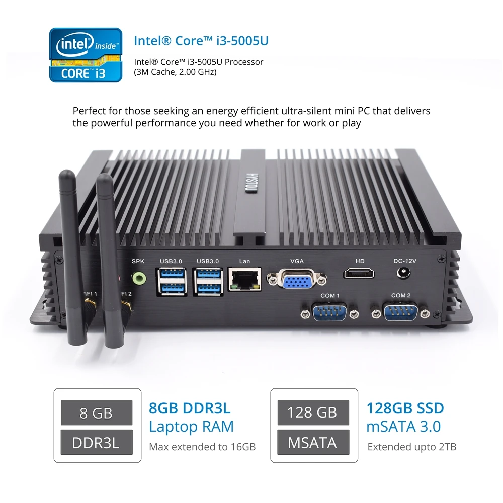 Безвентиляторный промышленный мини ПК Windows 10 Pro 7 Intel Core i3 5005U 2 RS232 COM компьютер без