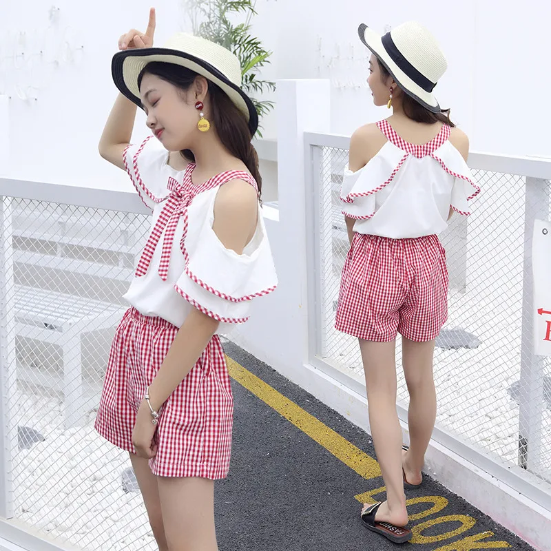 6 8 10 12 14 Year Girls Summer Set 2020 Off Shoulder Plaid Clothing Sets Two-Piece Backless Halter Top + Short Pant Suit | Мать и ребенок