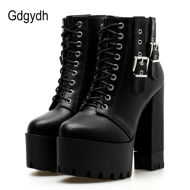 Женские ботильоны на шнуровке Gdgydh черные обувь платформе с пряжкой и круглым