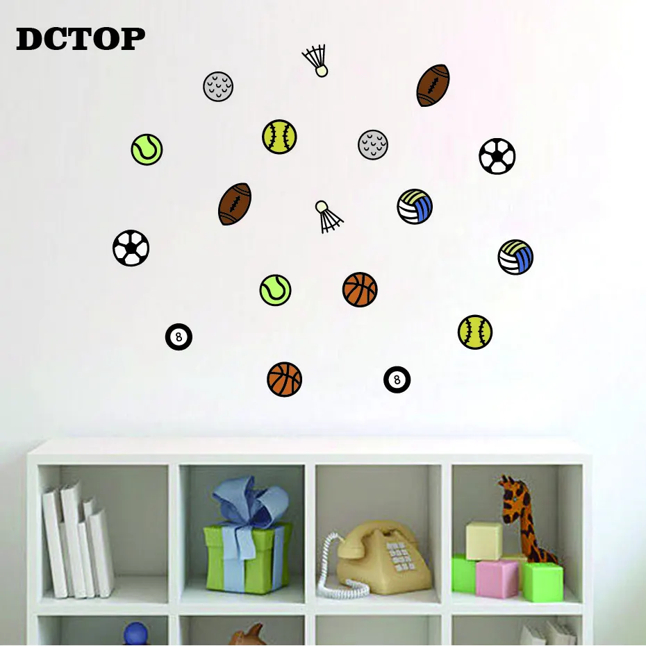 Creative Ball Sport Wall Stickers Cartoon Basketball Football Badminton DIY Vinyls Decals Home Decor for Kids Nursery Room Mural | Дом и сад
