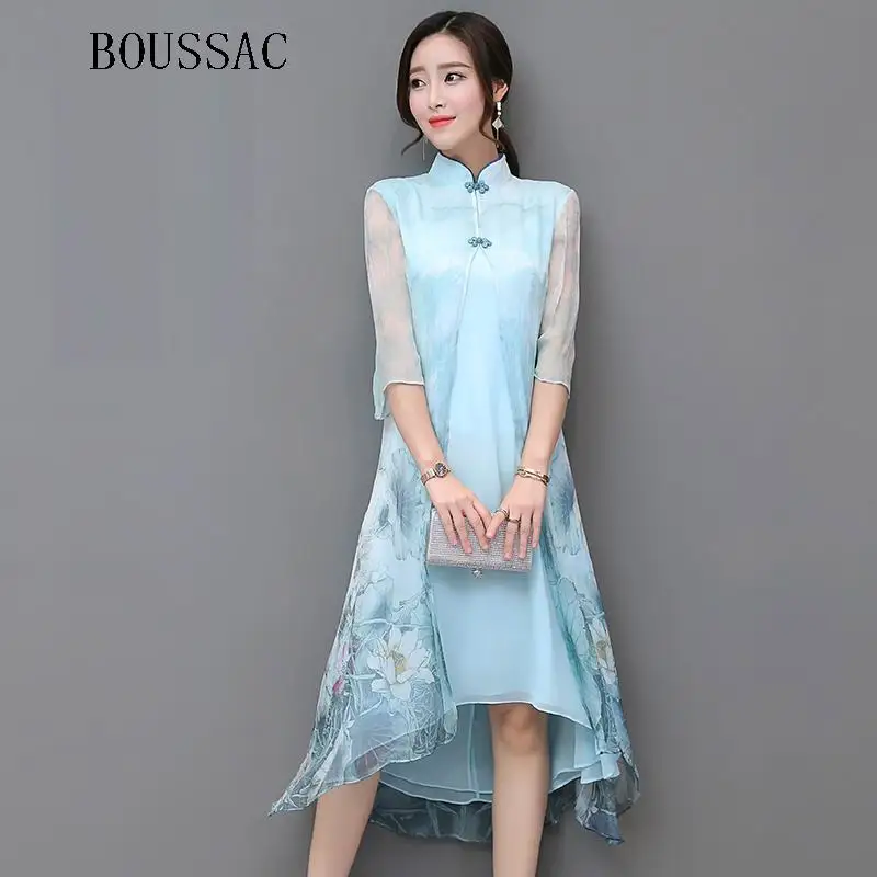 Китайский Стиль Cheongsam синий шелковое платье Два Слои высокое качество элегантный