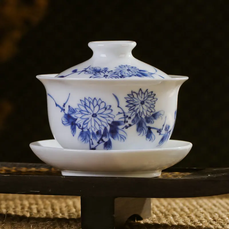 Сине белая фарфоровая чайная чашка/Gaiwan с традиционной китайской Тонкой кистью