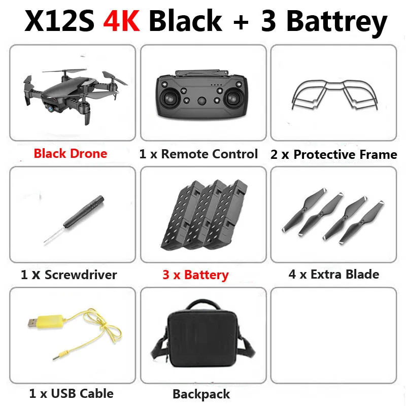 4K Black 3B Bag X12S мини складной Дрон с камерой 4K 1080P широкоугольный WiFi FPV удерживающий высоту RC Квадрокоптер Вертолет игрушка SG106 E58 - Цвет: 4K Black 3B Bag
