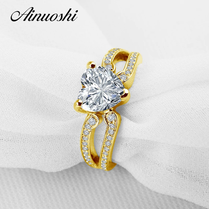 AINUOSHI 14K Yellow Gold Heart Ring 2.5 ct Sona Simulated Diamond Double Layer Lovers Proposal Wedding Engagement Ring for Women