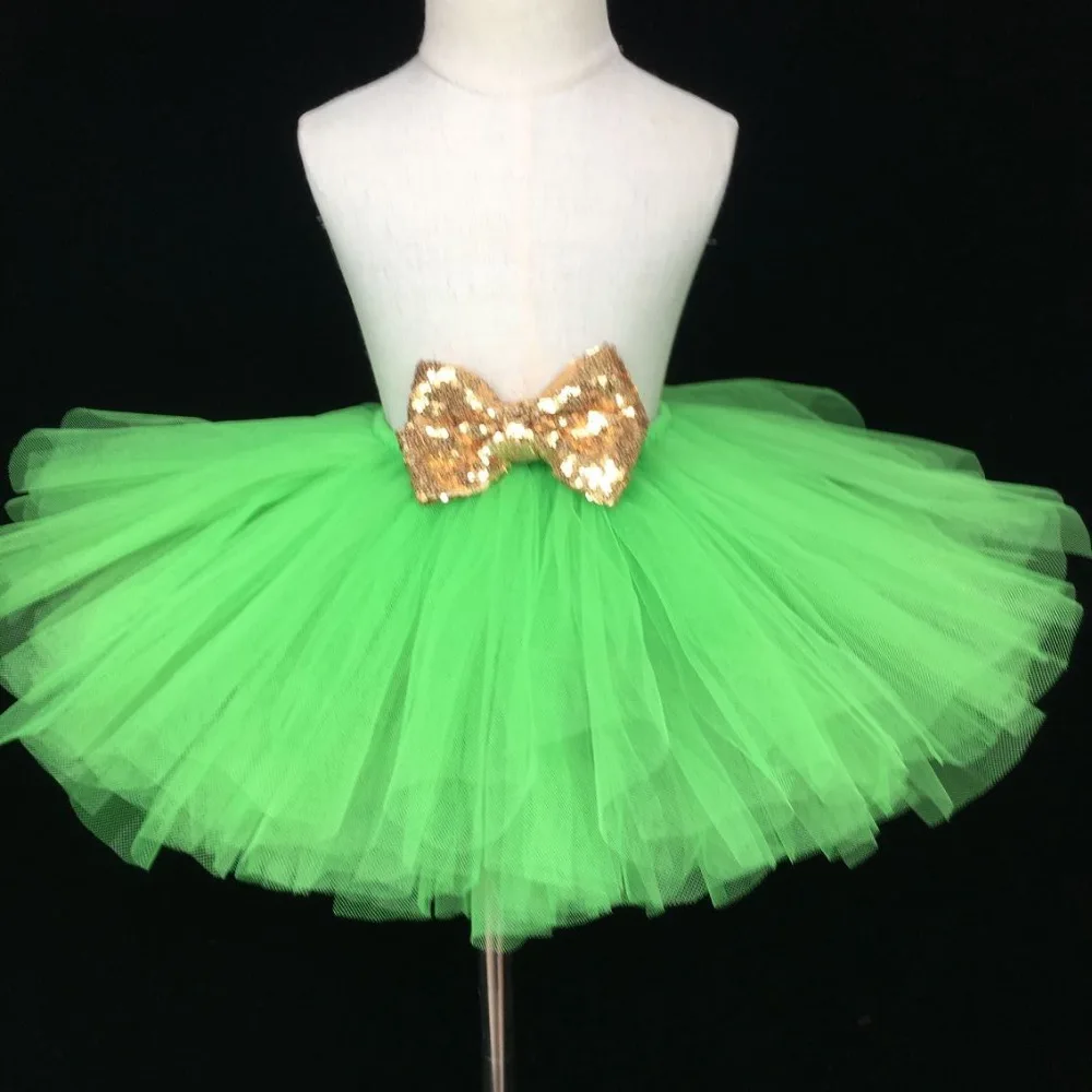 Falda de tutú verde para niñas, faldas de tul esponjoso para bebé, tutú de Ballet con lazo de lentejuelas doradas, falda de fiesta de cumpleaños para niños, 1 pieza