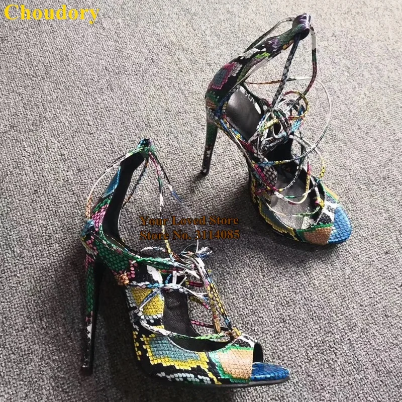 

Choudory Ladies Sexy Multi-color Snakeskin High Heel Sandals Lace-up Open Toe Cross Tied Strappy Pumps Gladiator Party Shoes