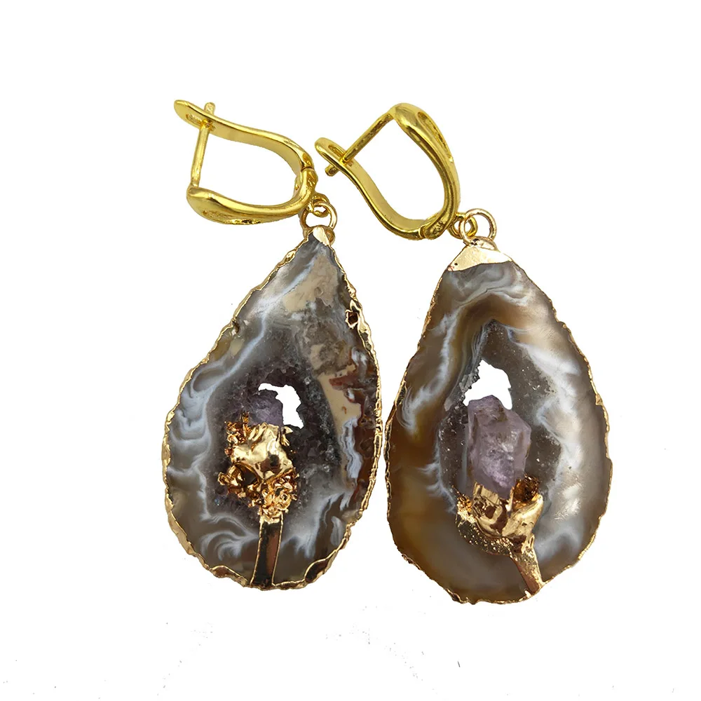 Серьги-капли WitboyGem из натуральных Друза агатов, висячие серьги для женщин, богемский кварц, друза, серьги-капли, женские серьги с кристаллами, Geode, EA002 - Окраска металла: Agate 2