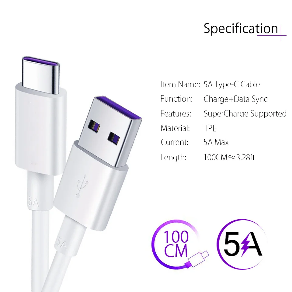 Оригинальный кабель USB Type C для Huawei SuperCharge 5A P20 P10 Plus Mate 10 9 Pro Honor V10 V9 8 быстрой