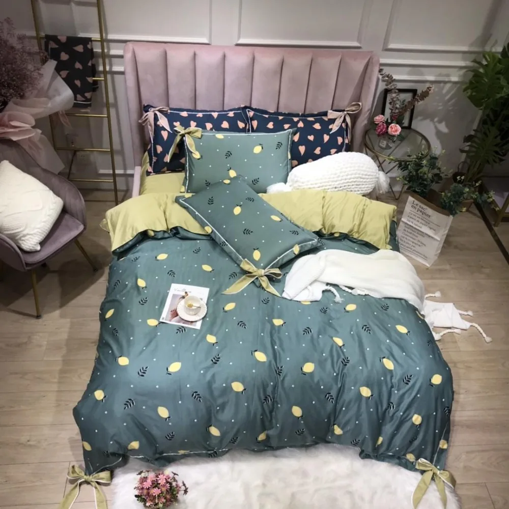 

Bowknot bedding set 4pcs printed duvet cover set soft bedclothes Japanese style home bed king size bed linen set cotton fiber