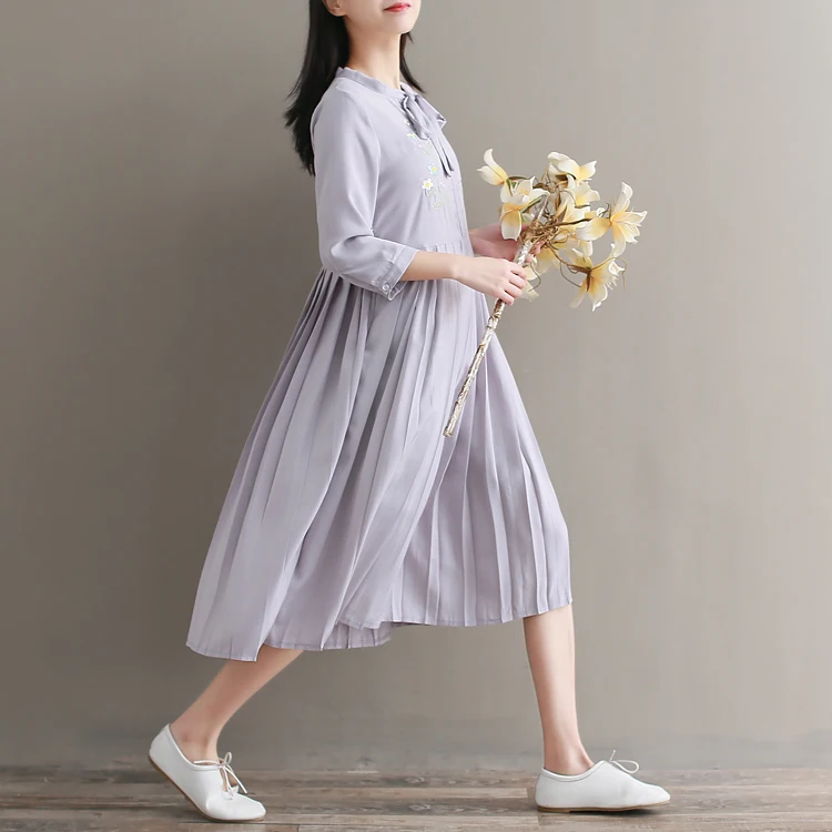 Новинка весны Vntage вышивка три четверти рукавом плиссированные платья женские