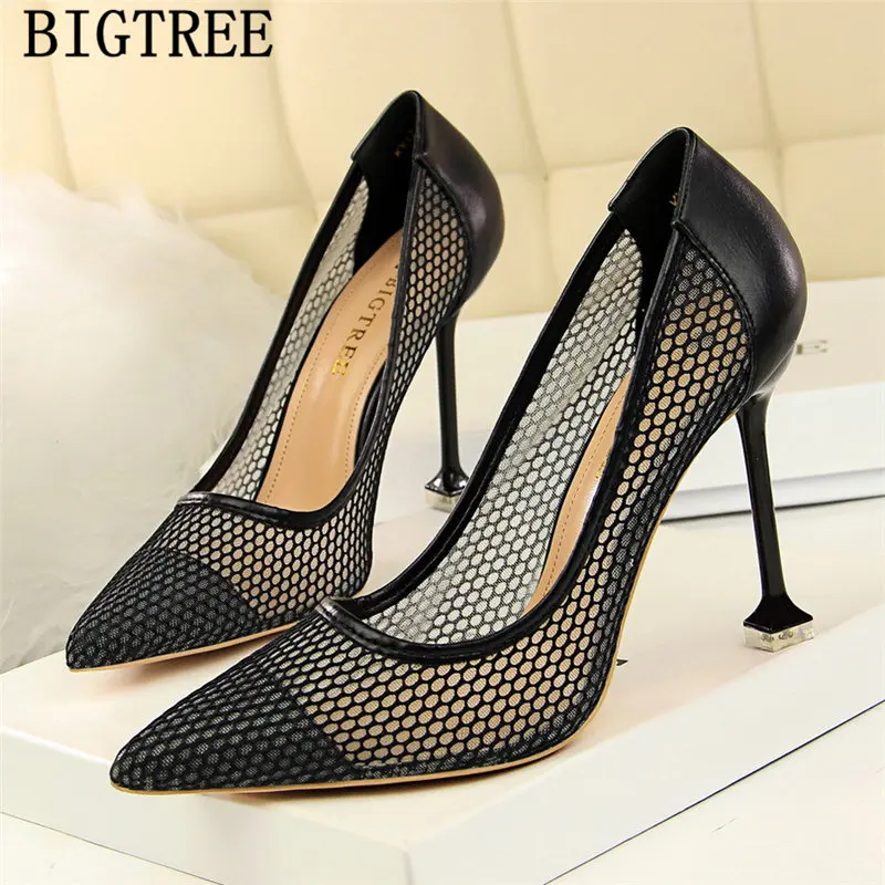 Сетчатые вечерние туфли Bigtree Женские лодочки Босоножки на высоком каблуке