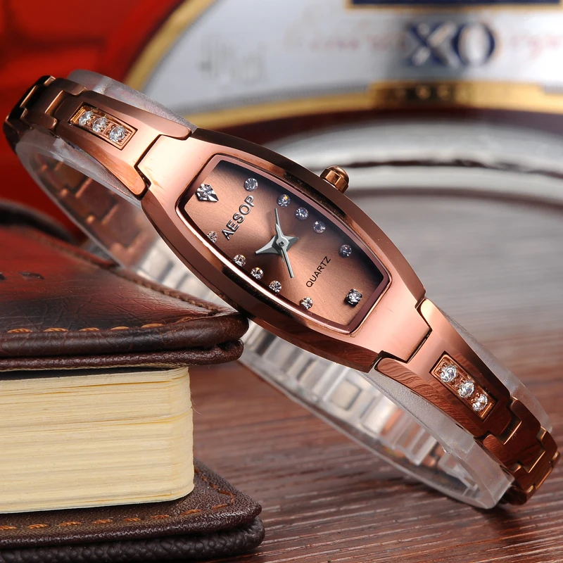 Женские стальные часы AESOP роскошные Серебристые черные с бриллиантом|Кварцевые