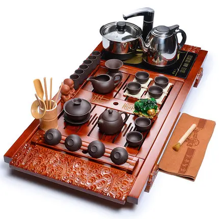 

Zisha Kung Fu porcelain tea set tea tray solid wood package ceramic cup induction cooker combination four in one